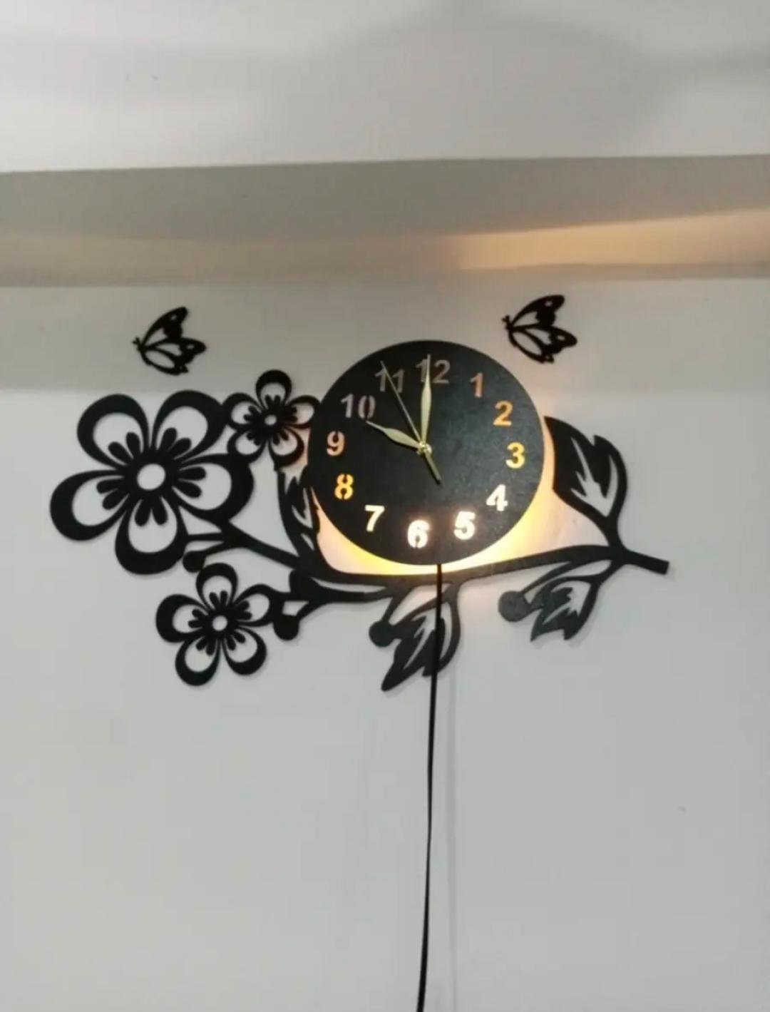3D Flower Wooden Wall Clock With led light